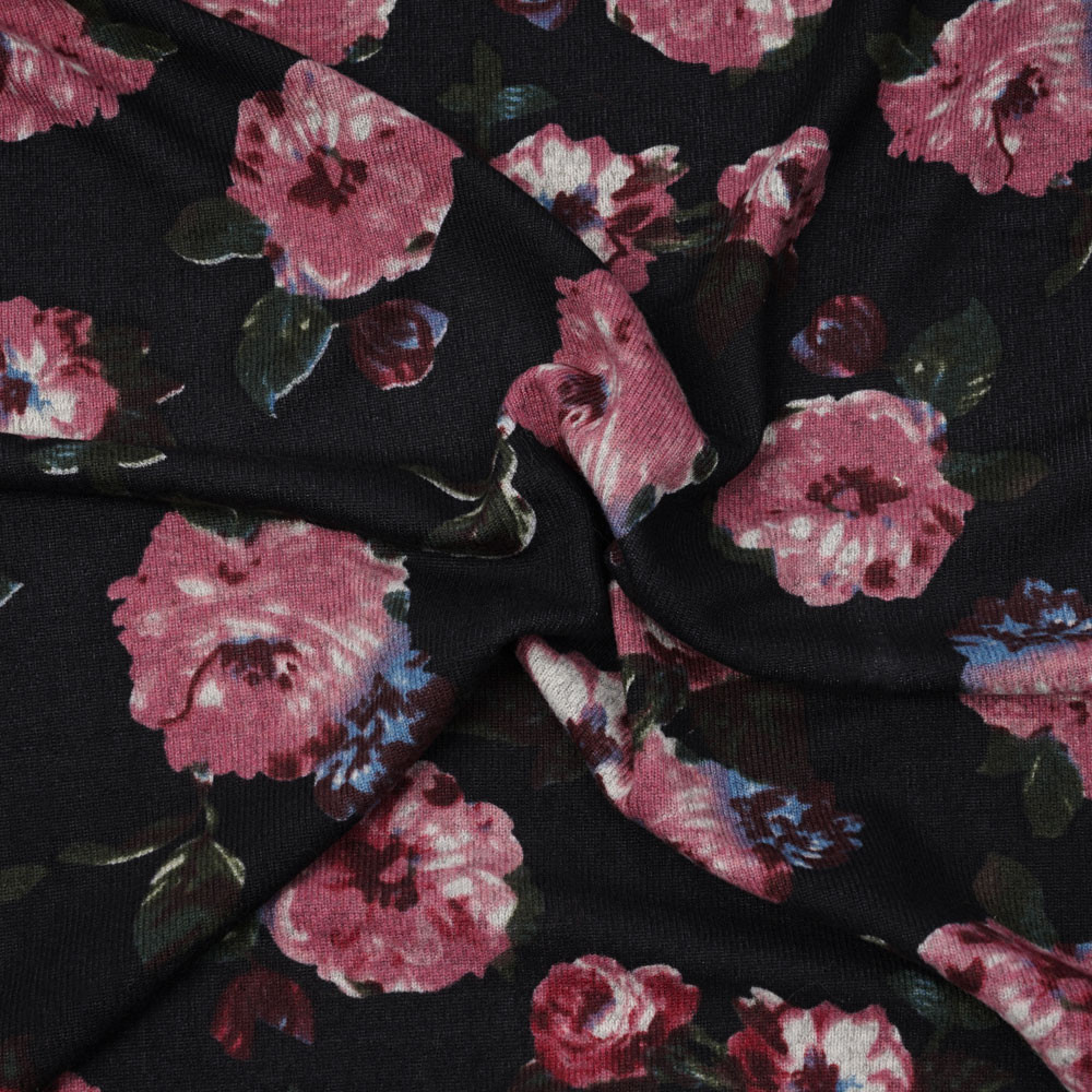 Tissu jersey noir à motif fleuri berry et vert - pretty mercerie - mercerie en ligne