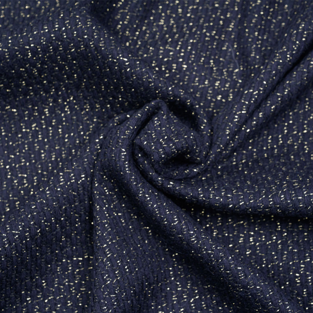 tissu lainage tricoté bleu et fil lurex or - pretty mercerie - mercerie en ligne