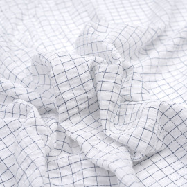 Tissu coton blanc effet froissé à motif petits carreaux bleu marine - pretty mercerie - mercerie en ligne