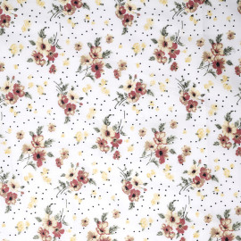 Tissu coton blanc à motif pois et fleurs rose vert et camomille - pretty mercerie - mercerie en ligne