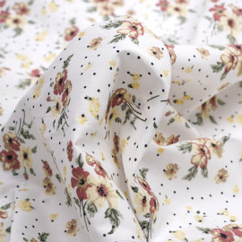 Tissu coton blanc à motif pois et fleurs rose vert et camomille - pretty mercerie - mercerie en ligne