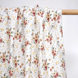 Tissu coton blanc à motif pois et fleurs rose vert et camomille - pretty mercerie - mercerie en ligne