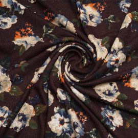 Tissu jersey bitter chocolate à motif fleuri beige orange bleu et kaki  - pretty mercerie - mercerie en ligne