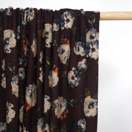 Tissu jersey bitter chocolate à motif fleuri beige orange bleu et kaki  - pretty mercerie - mercerie en ligne