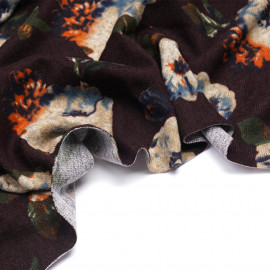 Tissu jersey bitter chocolate à motif fleuri beige orange bleu et kaki  - pretty mercerie - mercerie en ligne