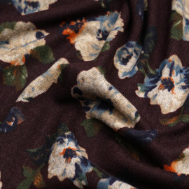 Tissu jersey bitter chocolate à motif fleuri beige orange bleu et kaki  - pretty mercerie - mercerie en ligne