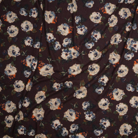Tissu jersey bitter chocolate à motif fleuri beige orange bleu et kaki  - pretty mercerie - mercerie en ligne