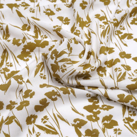 Tissu viscose blanc à motif fleuri moutarde doré - pretty mercerie - mercerie en ligne