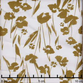 Tissu viscose blanc à motif fleuri moutarde doré - pretty mercerie - mercerie en ligne