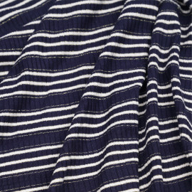 Tissu jersey viscose côtelé et rayé bleu marine, blanc et fil lurex or - pretty mercerie - mercerie en ligne