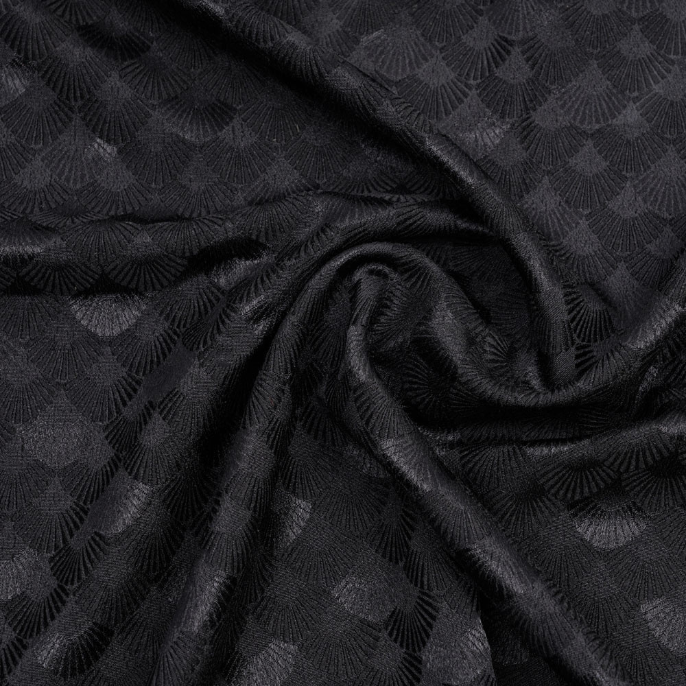 Tissu jacquard noir satiné à motif éventail - pretty mercerie - mercerie en ligne