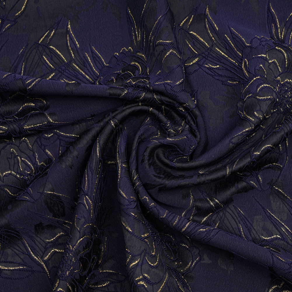 Tissu jacquard noir à motif fleuri bleu et doré - mercerie en ligne - pretty mercerie 