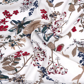 Tissu viscose blanche à motif sous bois taupe rouge et bleu  - pretty mercerie - mercerie en ligne