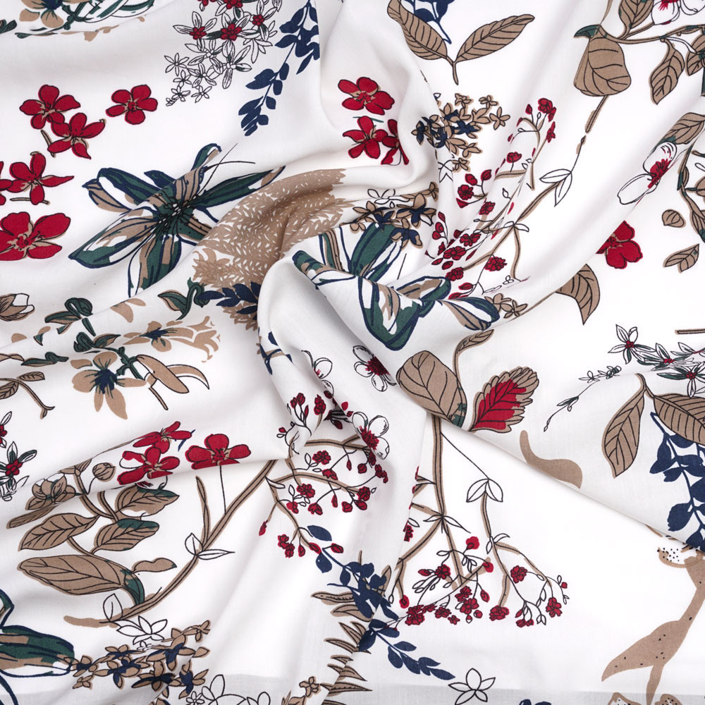 Tissu viscose blanche à motif sous bois taupe rouge et bleu  - pretty mercerie - mercerie en ligne