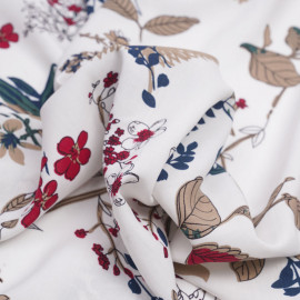 Tissu viscose blanche à motif sous bois taupe rouge et bleu  - pretty mercerie - mercerie en ligne