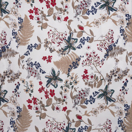 Tissu viscose blanche à motif sous bois taupe rouge et bleu  - pretty mercerie - mercerie en ligne