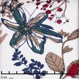 Tissu viscose blanche à motif sous bois taupe rouge et bleu  - pretty mercerie - mercerie en ligne