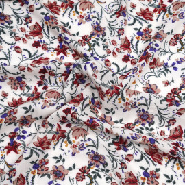 Tissu viscose blanc cassé à motif fleuri vert, bleu, rouge  - pretty mercerie - mercerie en ligne