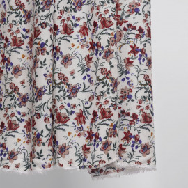 Tissu viscose blanc cassé à motif fleuri vert, bleu, rouge  - pretty mercerie - mercerie en ligne