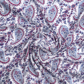 Tissu viscose blanche à motif paisley beaujolais et bleu | pretty mercerie | mercerie en ligne