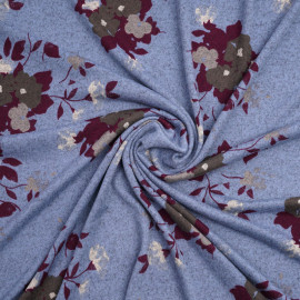 Tissu jersey bleu ciel à motif fleuri purple et gris | pretty mercerie | mercerie en ligne