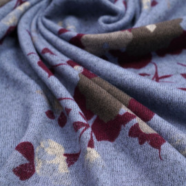 Tissu jersey bleu ciel à motif fleuri purple et gris | pretty mercerie | mercerie en ligne