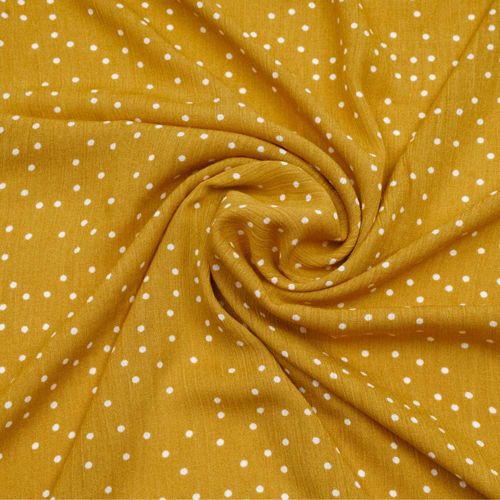 Tissu viscose ocre à motif petits pois blancs  | Pretty Mercerie | Mercerie en ligne