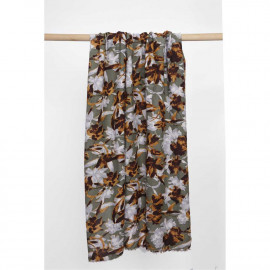 Tissu viscose kaki à motif fleurs abstraites bleu ciel et ginger | Pretty Mercerie | Mercerie en ligne
