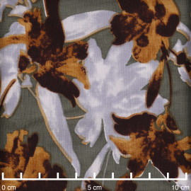Tissu viscose kaki à motif fleurs abstraites bleu ciel et ginger | Pretty Mercerie | Mercerie en ligne