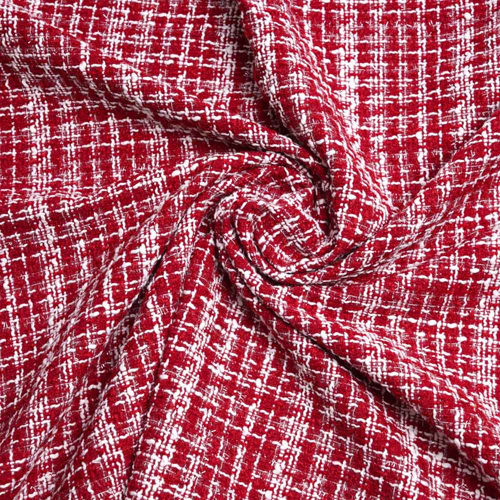 Tissu tweed rouge tango, blanc et fil lurex transparent | Pretty Mercerie | Mercerie en ligne