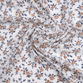 Tissu viscose blanche à motif bouquet de rose rust et bleu | Pretty Mercerie | mercerie en ligne