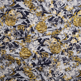 Tissu jacquard bleu ciel à motif tissé fleur bleu marine et doré | Pretty Mercerie | mercerie en ligne