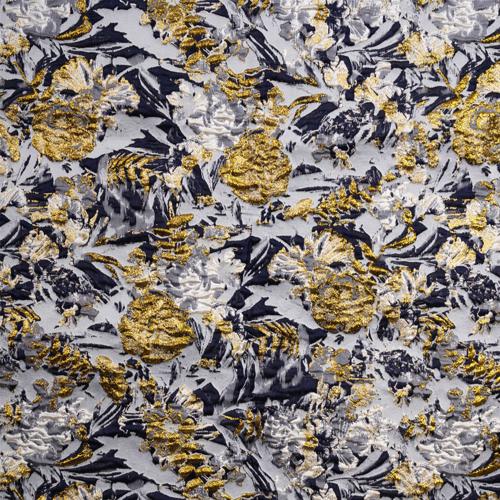Tissu jacquard bleu ciel à motif tissé fleur bleu marine et doré | Pretty Mercerie | mercerie en ligne