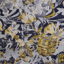Tissu jacquard bleu ciel à motif tissé fleur bleu marine et doré | Pretty Mercerie | mercerie en ligne