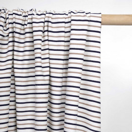 Tissu jersey blanc rayé bleu marine, beige et fil lurex argenté | Pretty Mercerie | mercerie en ligne