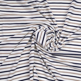 Tissu jersey blanc rayé bleu marine, beige et fil lurex argenté | Pretty Mercerie | mercerie en ligne