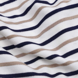 Tissu jersey blanc rayé bleu marine, beige et fil lurex argenté | Pretty Mercerie | mercerie en ligne