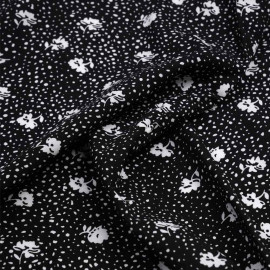 Tissu viscose noir à motif fleuri et pois blanc | Pretty Mercerie | mercerie en ligne