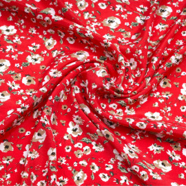 Tissu viscose rouge scarlet à motif fleuri blanc, beige et vert | Pretty Mercerie | Mercerie en ligne