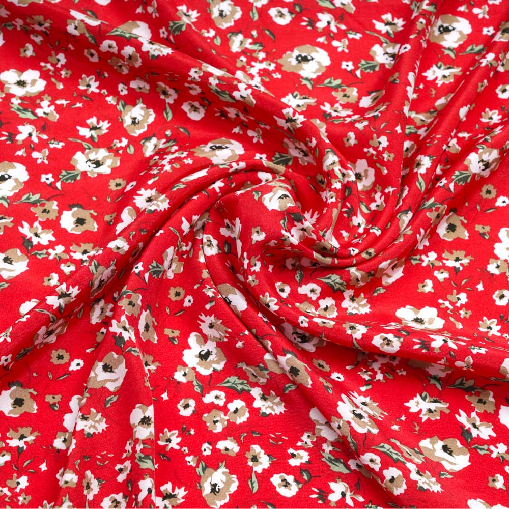 Tissu viscose rouge scarlet à motif fleuri blanc, beige et vert | Pretty Mercerie | Mercerie en ligne