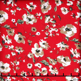 Tissu viscose rouge scarlet à motif fleuri blanc, beige et vert | Pretty Mercerie | Mercerie en ligne