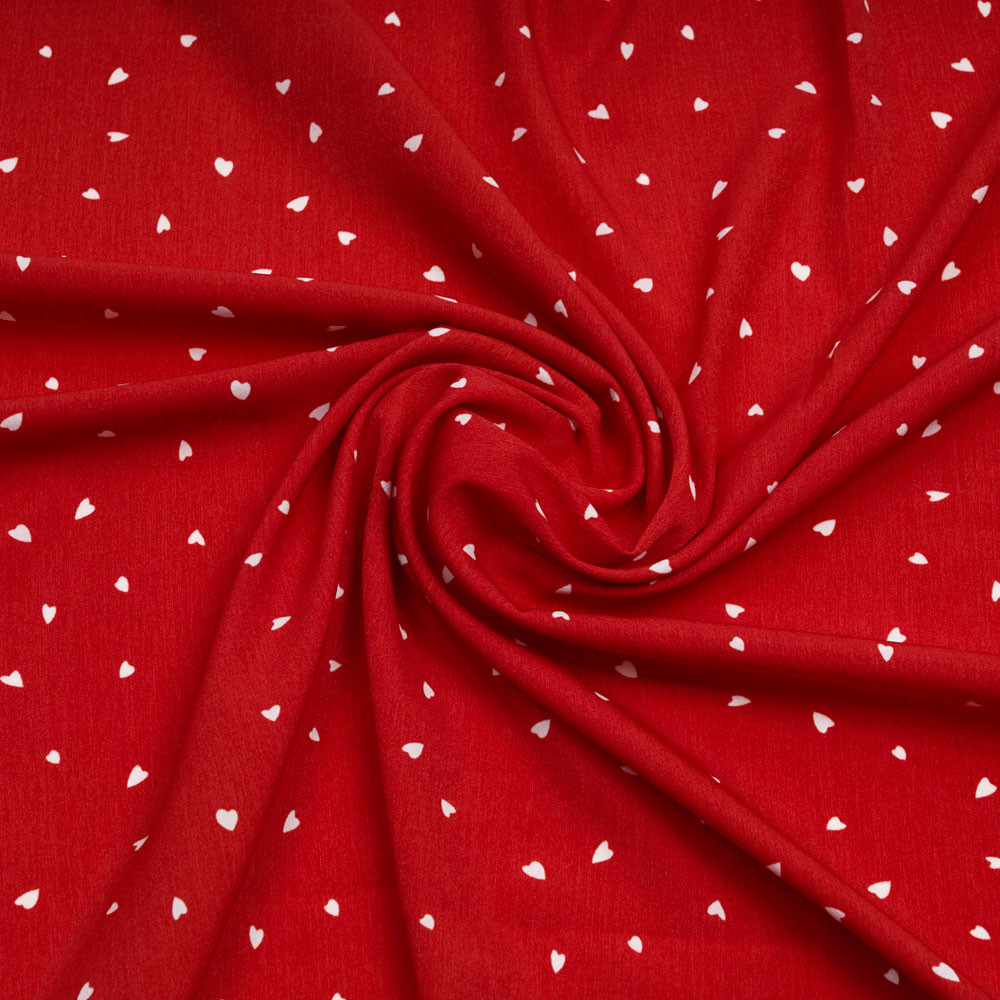 Tissu crêpe rouge bittersweet à motif petit coeur blanc | Pretty Mercerie | mercerie en ligne