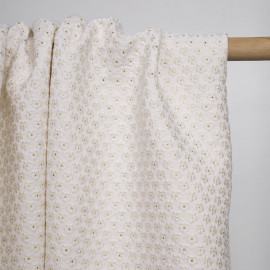 Tissu jacquard blanc cassé à motif tissé petites marguerites au coeur dorées | pretty mercerie | mercerie en ligne