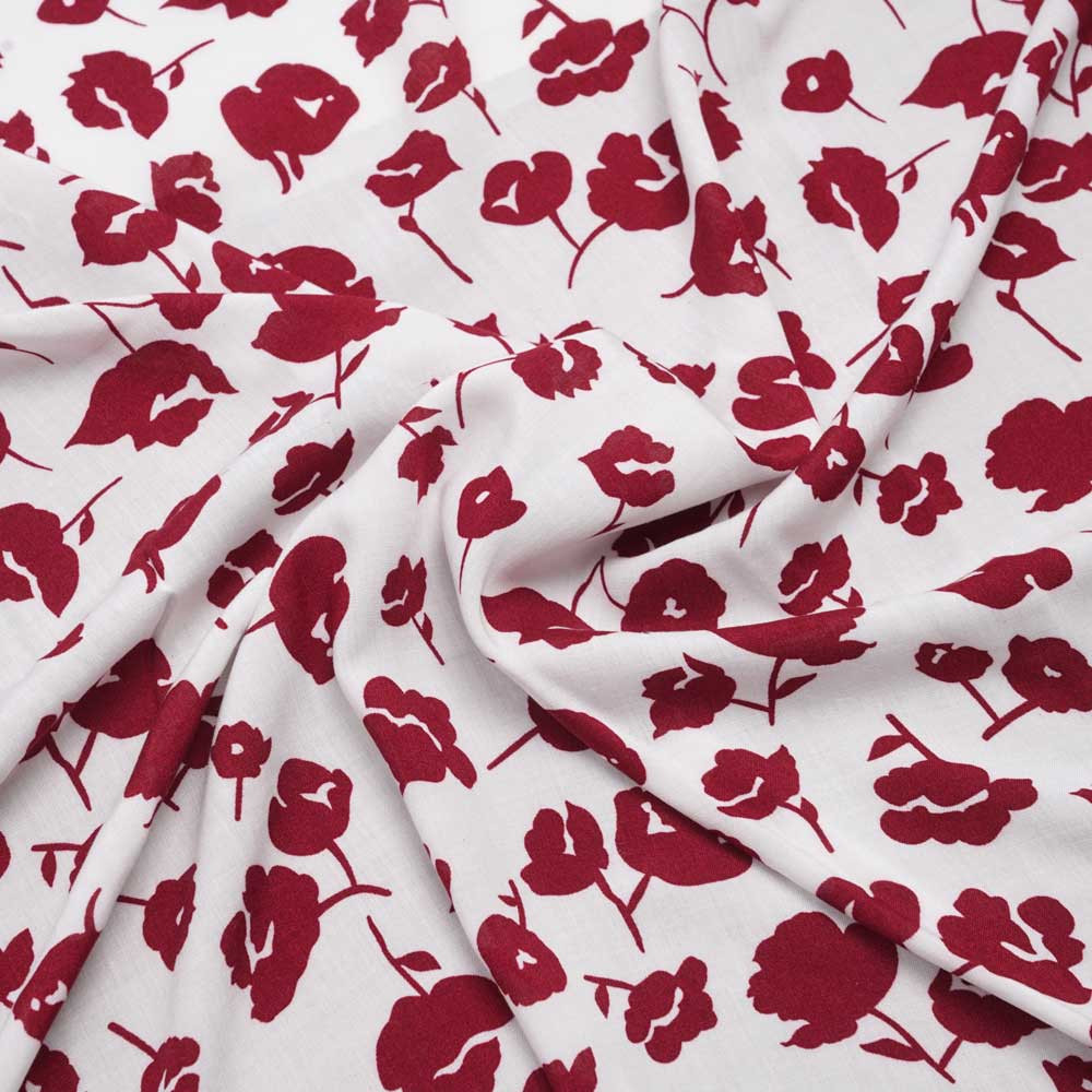 Tissu viscose blanc à motif fleuri cranberry | pretty mercerie | mercerie en ligne