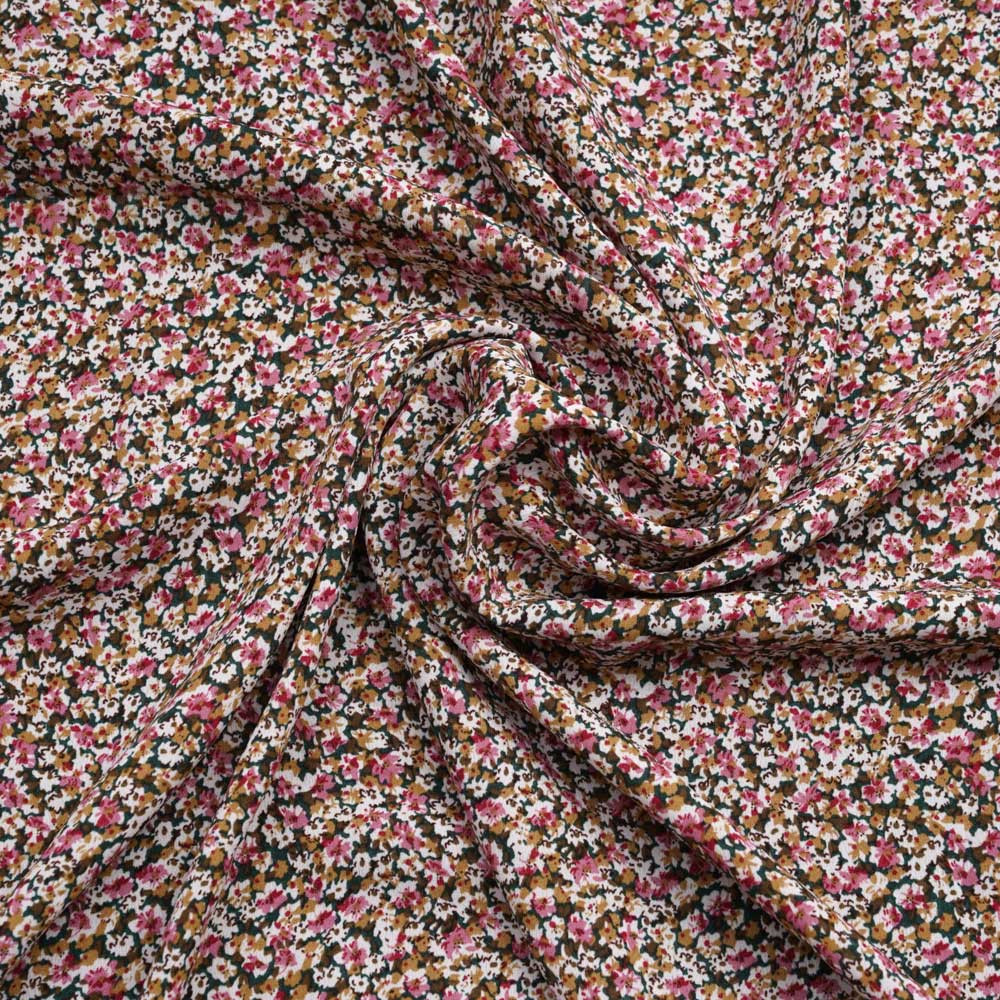 Tissu crêpe vert à motif bloom flower rose et beige | pretty mercerie | mercerie en ligne