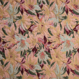 Tissu jacquard tropical peach à motif tissé fleurs tropicales roses et vertes | Pretty Mercerie | Mercerie en ligne