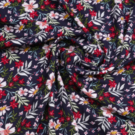 Tissu viscose bleu nuit à motif fleuri sous les tropiques | Pretty Mercerie | Mercerie en ligne