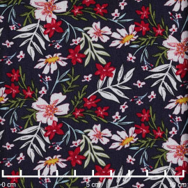 Tissu viscose bleu nuit à motif fleuri sous les tropiques | Pretty Mercerie | Mercerie en ligne