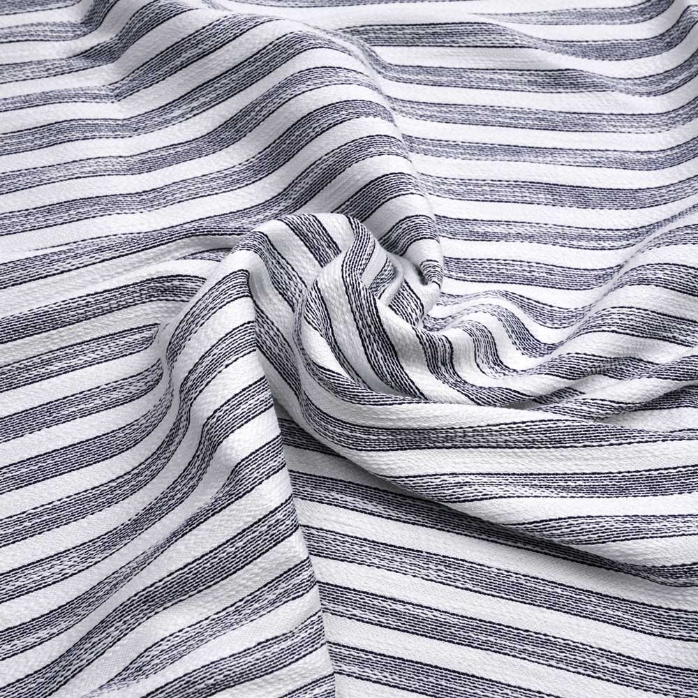 Tissu jacquard blanc à motif tissé rayé bleu marine| Pretty Mercerie | mercerie en ligne