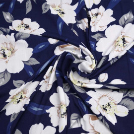 Tissu viscose bleu nuit à motif grosse fleur blanc et beige | Pretty Mercerie | mercerie en ligne